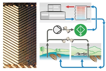 Problem-free operating heat exchanger, protected from mussel infestation by a DANGO & DIENENTHAL filter with MUSSEL STOP